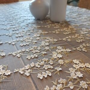 Nuage Ethereal 108" Round Tablecloth White Gold Lace Floral Sheer Boho Wedding